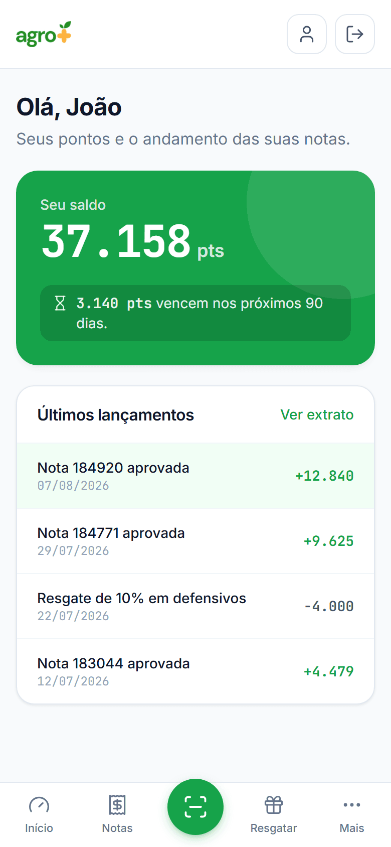 O painel do produtor com o saldo em pontos e o crédito da nota aprovada em destaque.