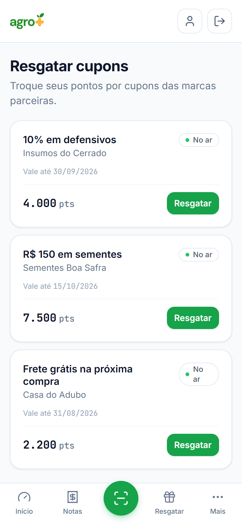 A vitrine de cupons, com o custo em pontos e a validade de cada um.