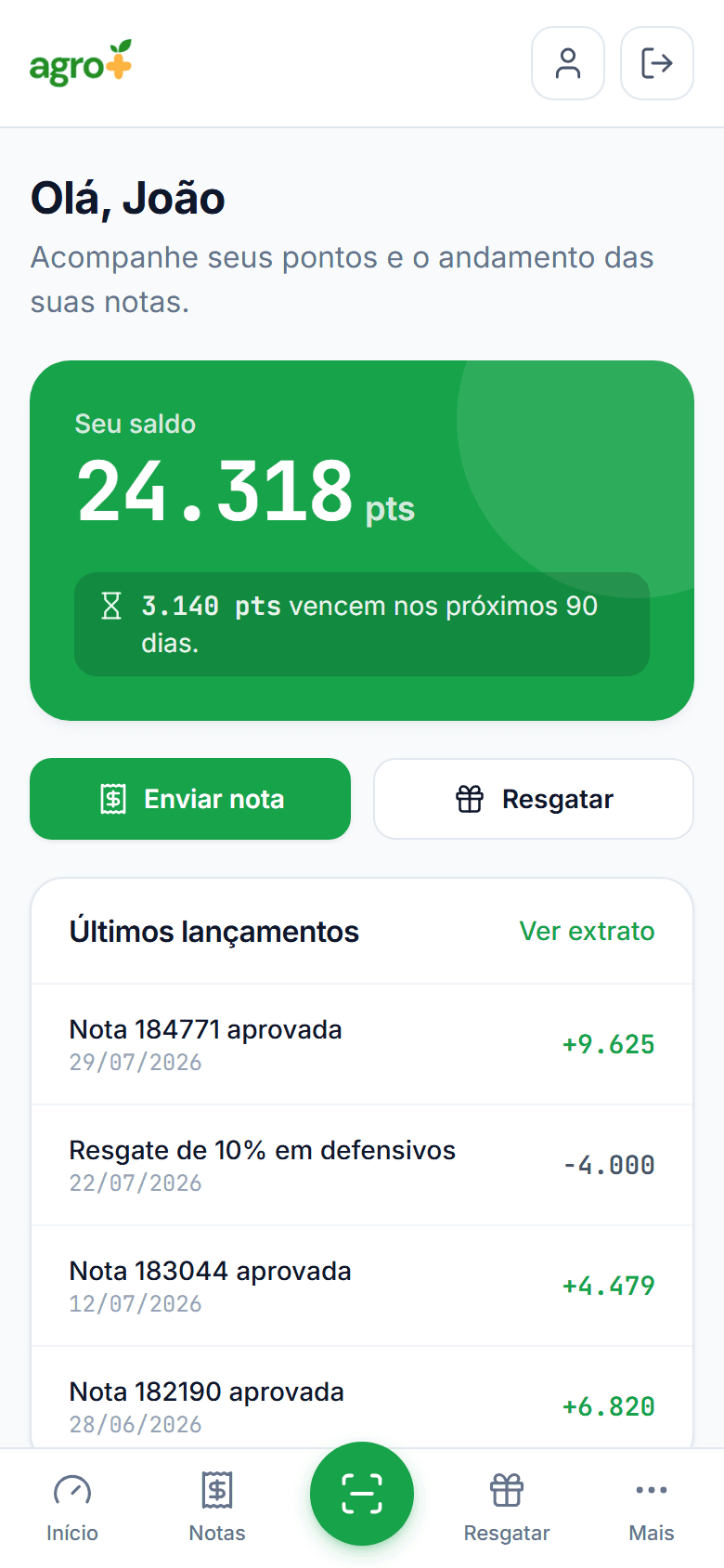 O painel do produtor no celular: saldo em pontos, atalhos e os últimos lançamentos, com a barra de navegação embaixo.